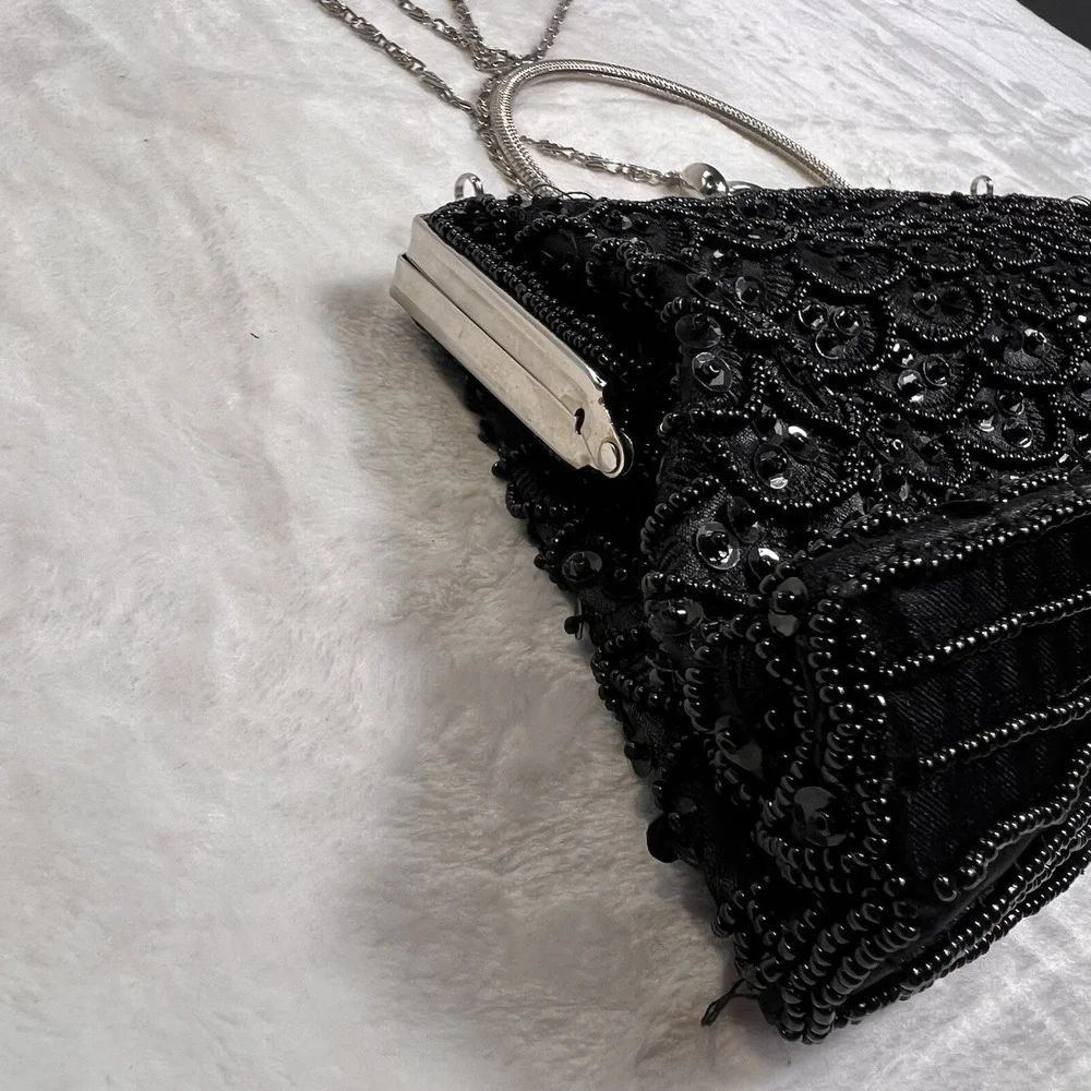 Vintage MG Collection Black Beaded Evening Bag Kisslock Chain Clutch Purse